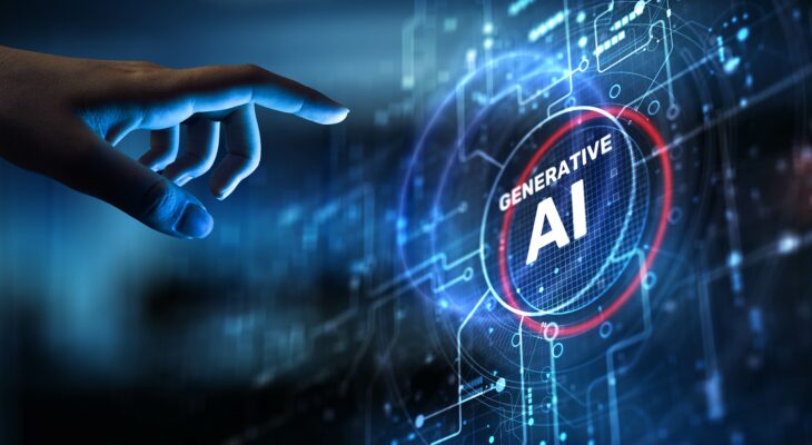 A hand pointing to a projected display with the word Generative AI.