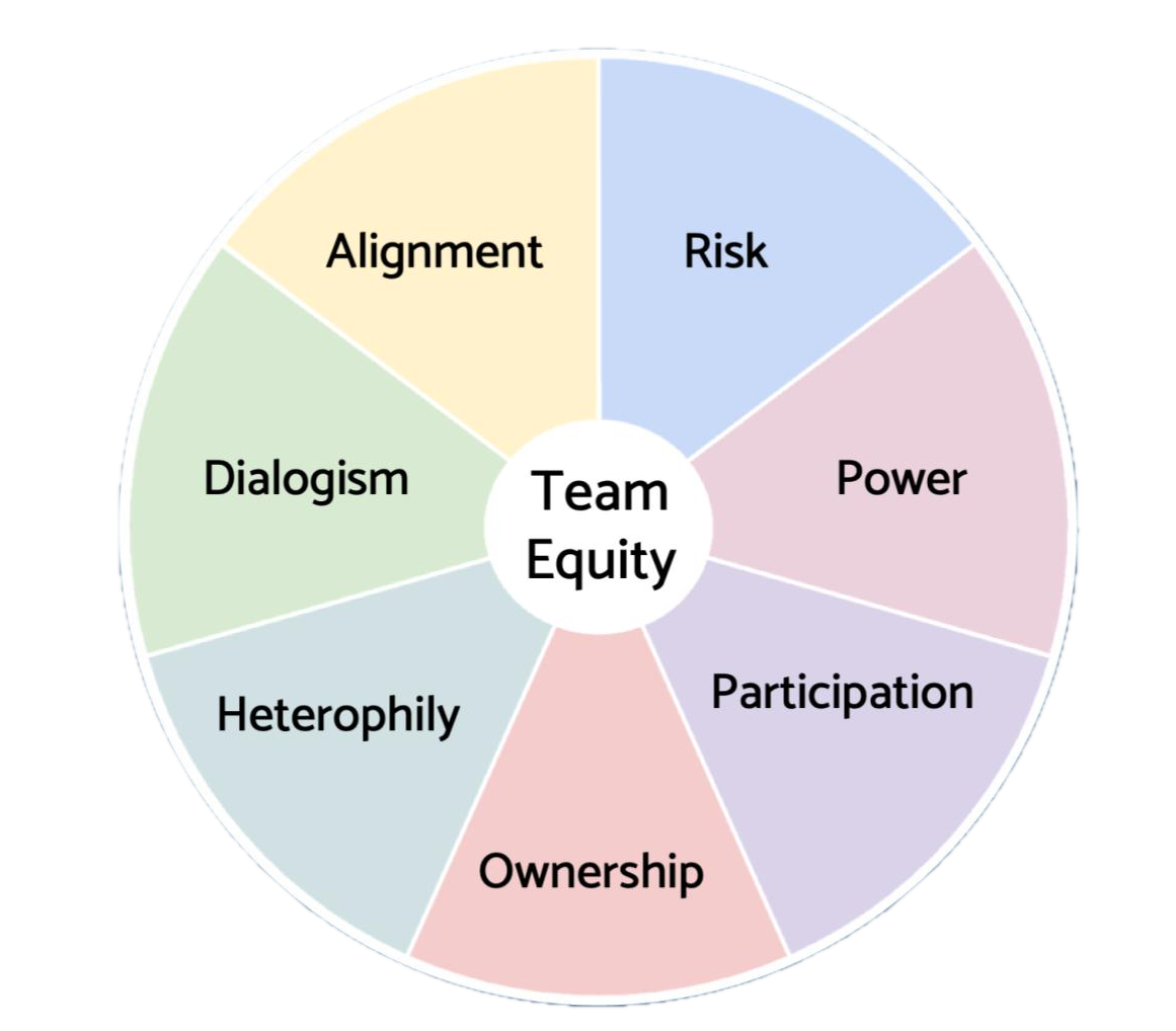 A graphic wheel with Team Equity at the center surrounded by seven themes that contribute toward Team Equity, including Alignment, Risk, Power, Participation, Ownership, Heterophily, and Dialogism.
