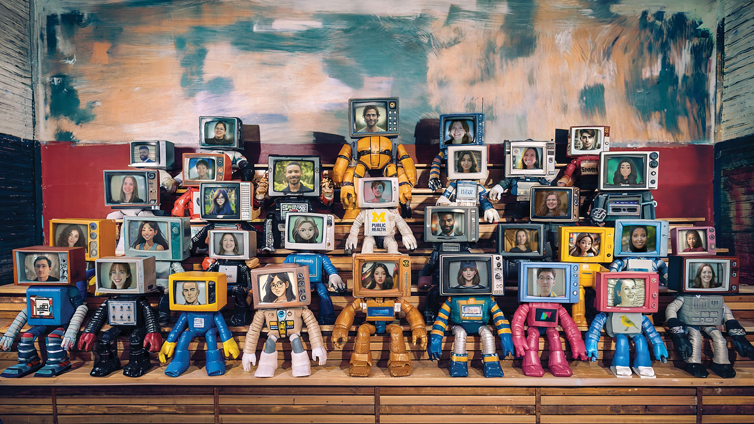 Group of toy-like robots with vintage TV heads showing the human and illustrated faces representing the students who took the inaugural Public Health 555 course, "ChatGPT/AI and Public Health," posed in tiered rows. This photo illustration served as a class picture for the course.