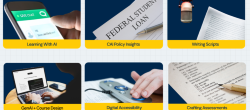 Six labeled images in a grid illustrate key topics in online education: AI chat on a phone for Learning with AI; a federal loan document and pen for CAI Policy Insights; a microphone and script for Writing Scripts; a person using an AI tool on a laptop for GenAI + Course Design; a hand on an adaptive controller for Digital Accessibility; and a pencil on a multiple-choice test for Crafting Assessments.