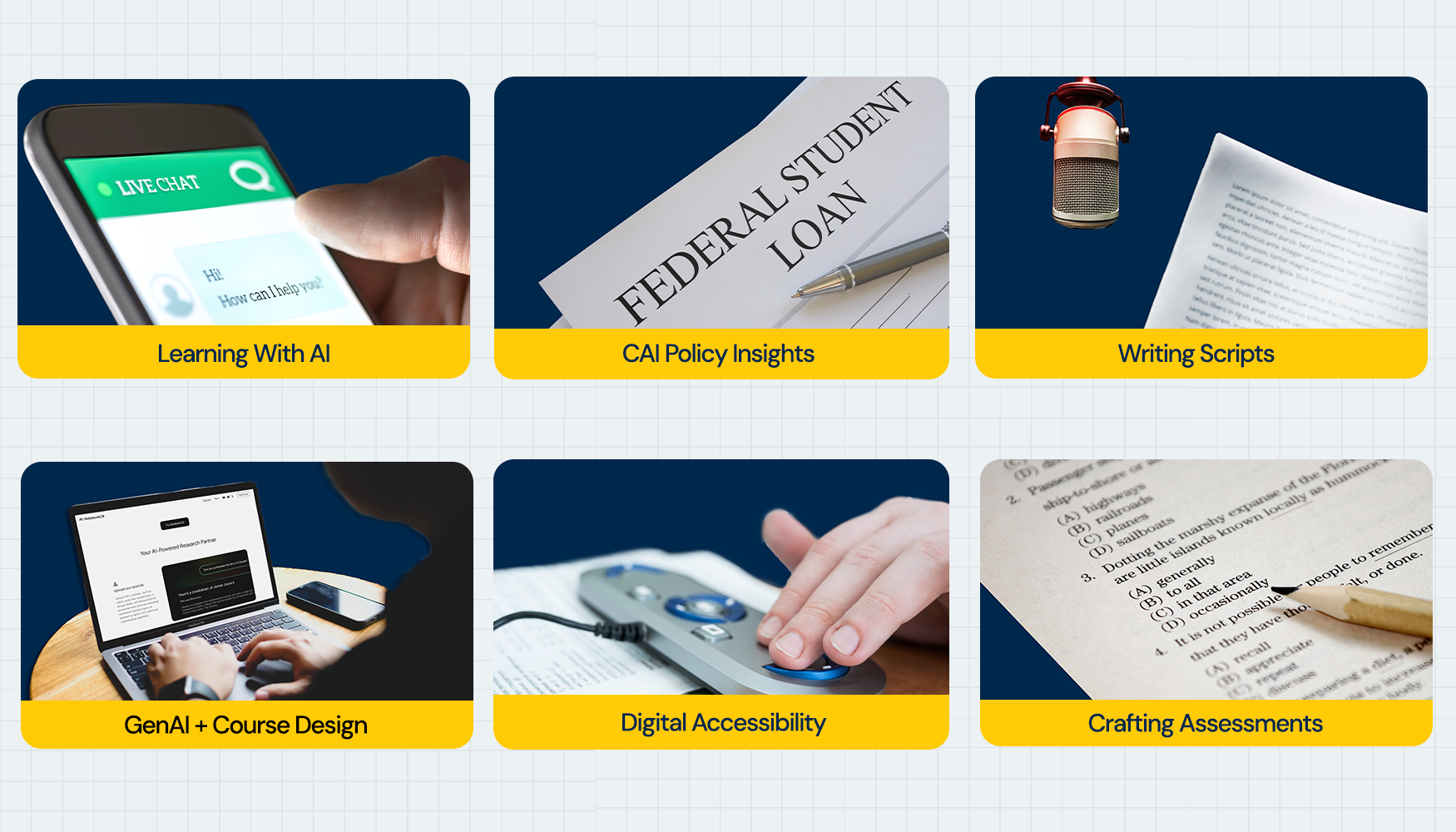 Six labeled images in a grid illustrate key topics in online education: AI chat on a phone for Learning with AI; a federal loan document and pen for CAI Policy Insights; a microphone and script for Writing Scripts; a person using an AI tool on a laptop for GenAI + Course Design; a hand on an adaptive controller for Digital Accessibility; and a pencil on a multiple-choice test for Crafting Assessments.