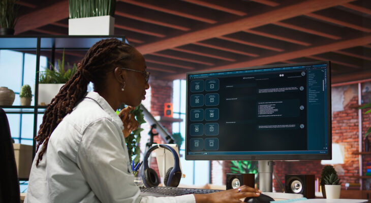 Person with long braids and a white shirt works at a desktop computer displaying a generative AI prompt screen.