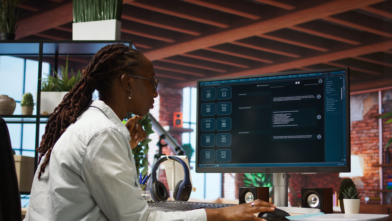 Person with long braids and a white shirt works at a desktop computer displaying a generative AI prompt screen.