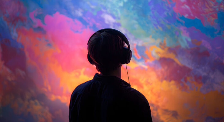 Person wearing over-ear headphones viewed from behind, facing a vivid abstract cloudscape of swirling pink, blue, purple, and orange colors.