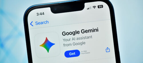 An iPhone displays the Google Gemini app page in the App Store with a blue "Get" button and the tagline, "Your AI assistant from Google."
