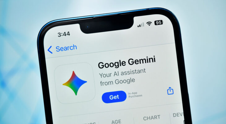 An iPhone displays the Google Gemini app page in the App Store with a blue "Get" button and the tagline, "Your AI assistant from Google."