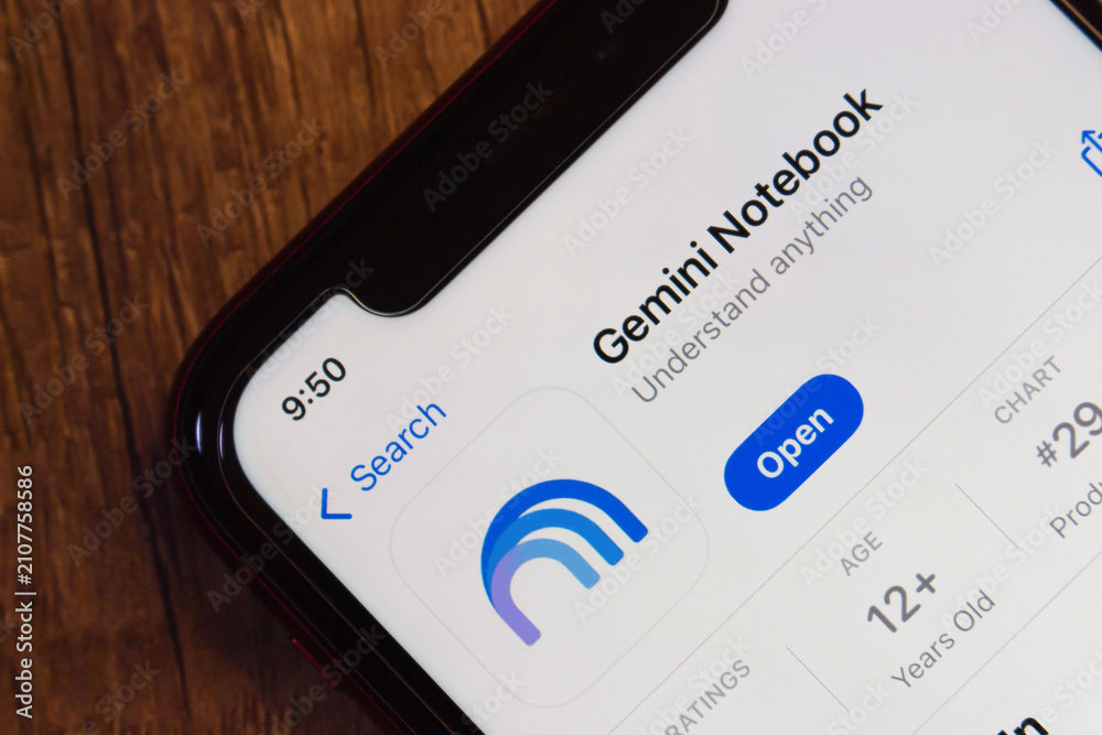 Close-up of a smartphone displaying the Gemini Notebook app page with an "Open" button.