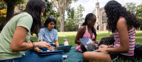 A small group of students study on the grass in the Law Quad on a bright and sunny summer afternoon.