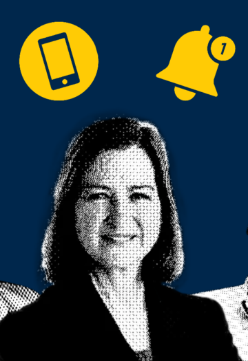 Three black-and-white, halftone-style portraits of smiling adults appear beneath bright yellow social media icons on a dark navy blue background.