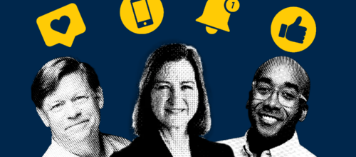 Three black-and-white, halftone-style portraits of smiling adults appear beneath bright yellow social media icons on a dark navy blue background.