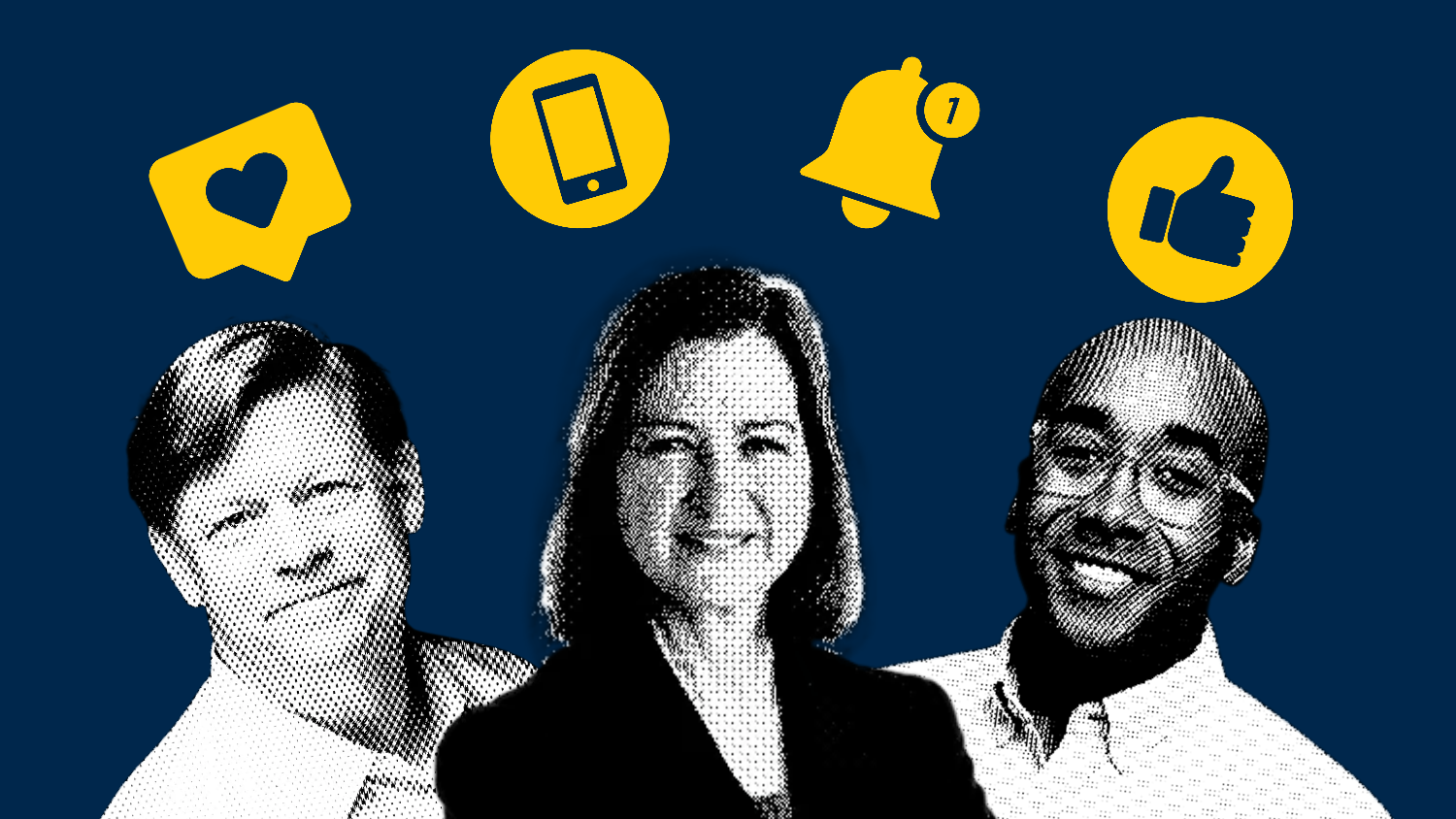 Three black-and-white, halftone-style portraits of smiling adults appear beneath bright yellow social media icons on a dark navy blue background.